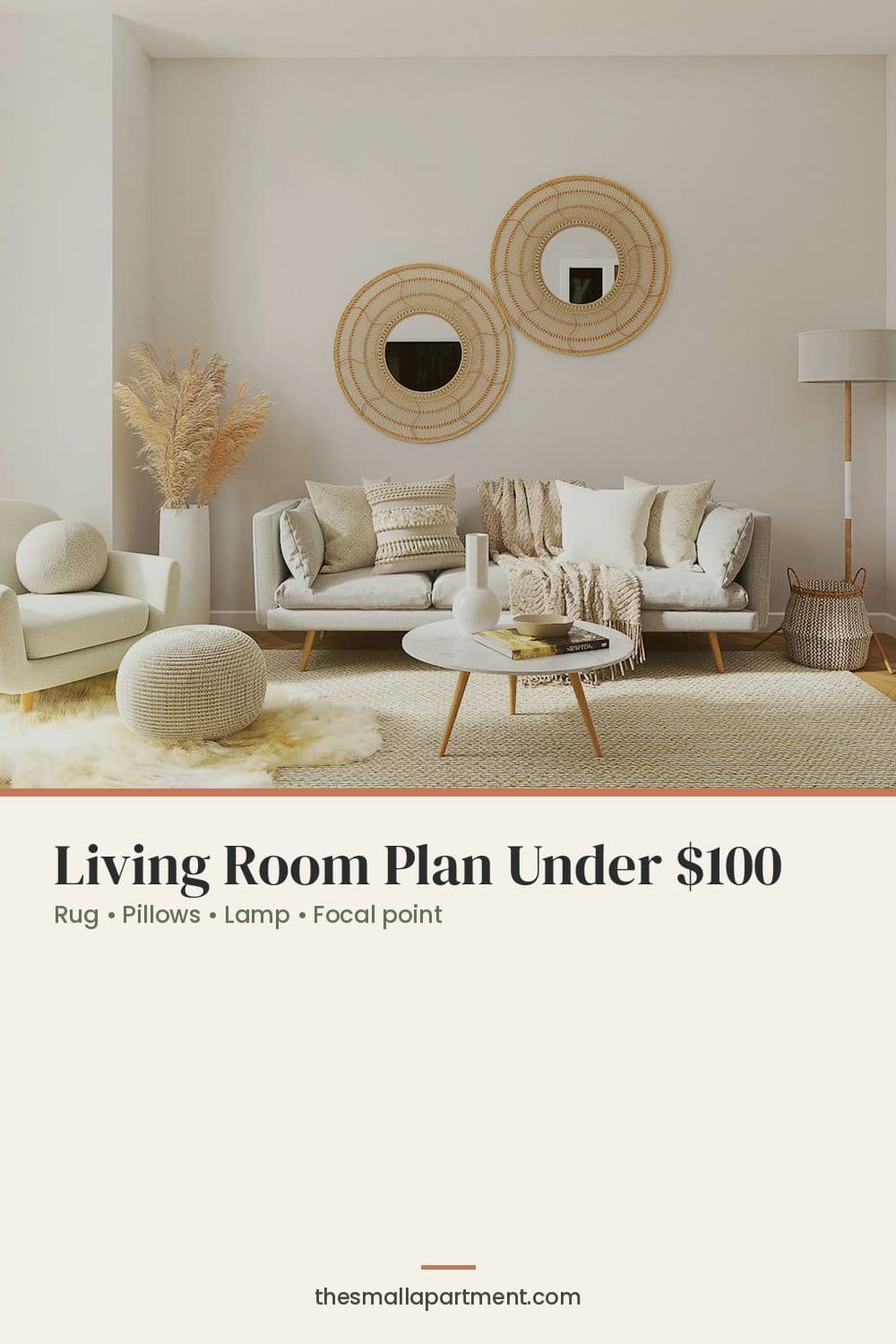 Pinterest pin: Under-$100 living room decor plan for renters