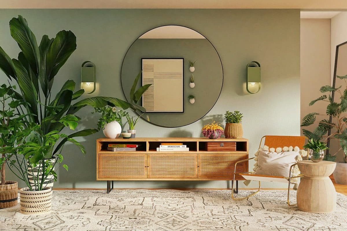 Small apartment living room styled on a budget with a rug, throw pillows, warm lamp light, and simple framed art