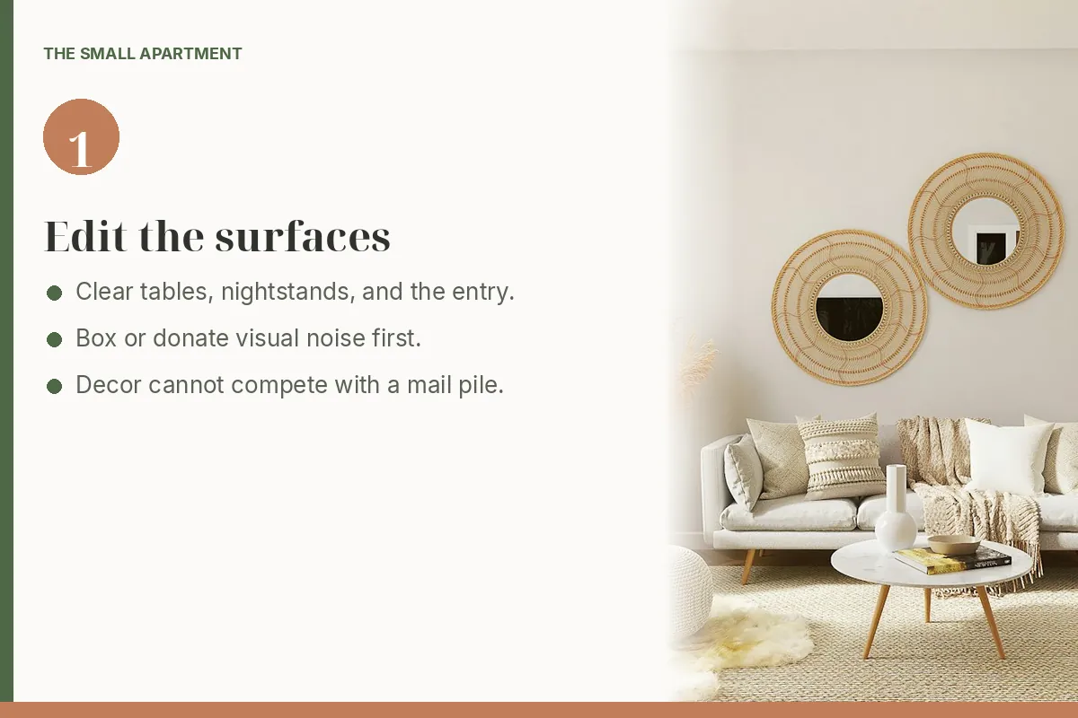 Step card: clear surfaces before buying decor. Photo shows a living room with a sofa and wall art.