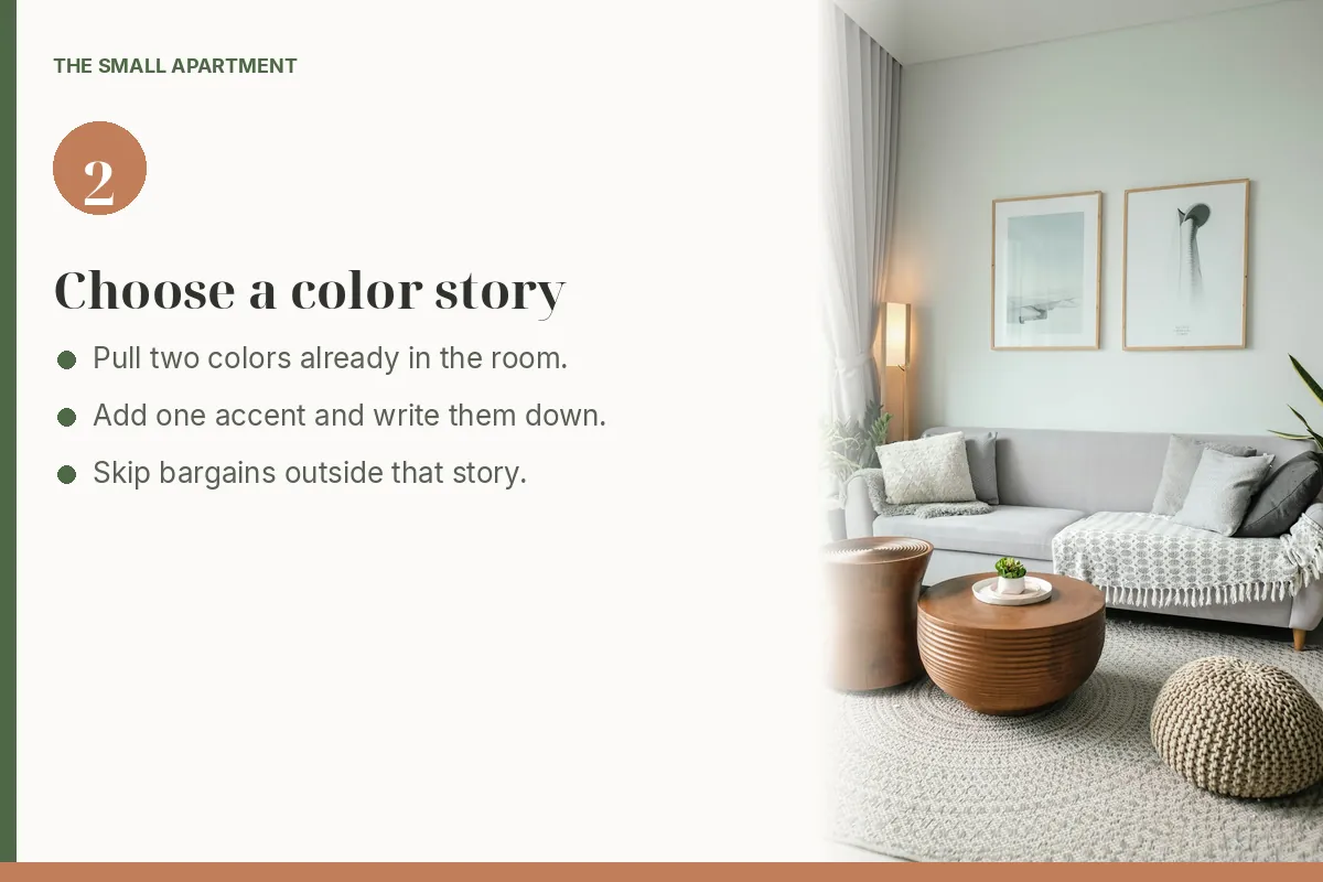 Step card: choose a simple color story. Photo shows a light living room with a sofa.