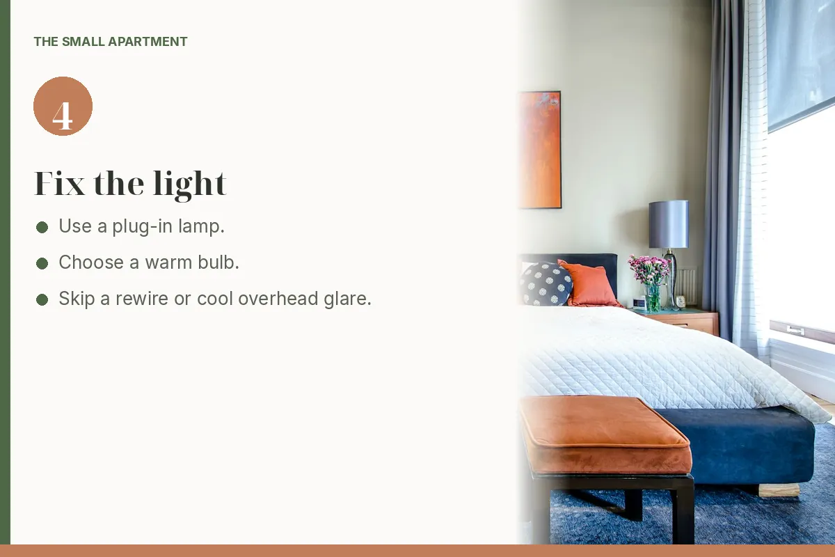 Step card: add warm light with a lamp. Photo shows a lamp on a nightstand beside a bed.