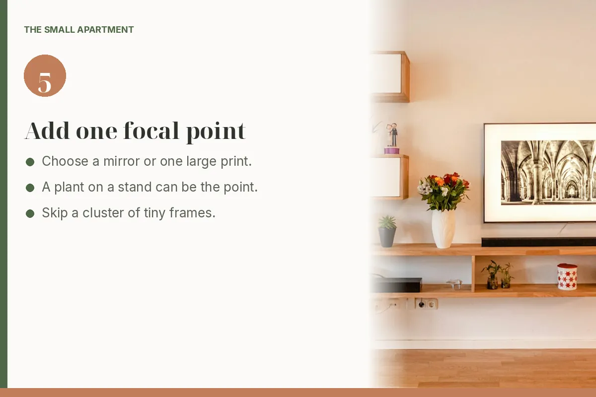 Step card: add one focal wall. Photo shows floating shelves and a framed print above a console.
