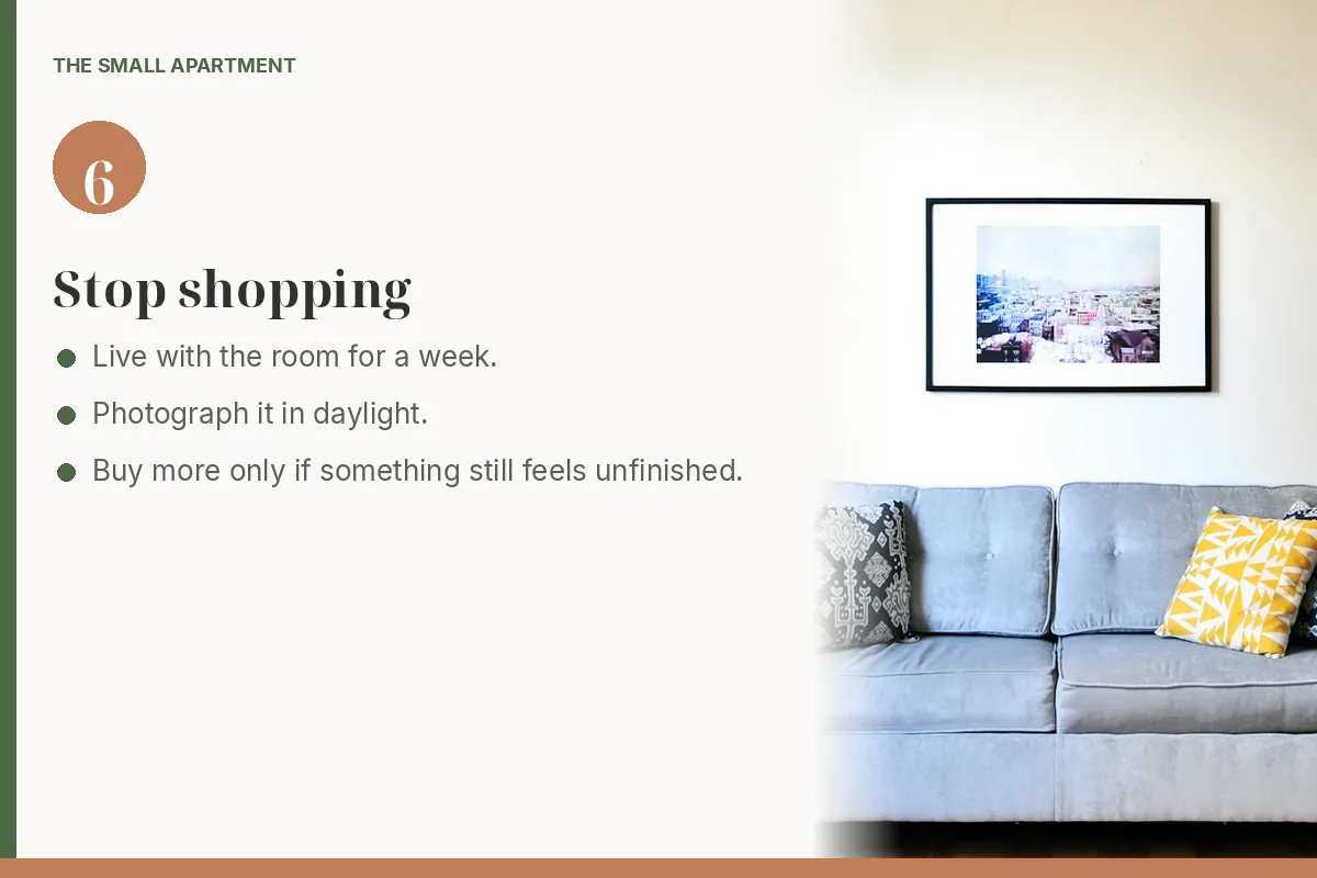 Step card: stop shopping once the room feels finished. Photo shows a bright living room with a gray sofa.