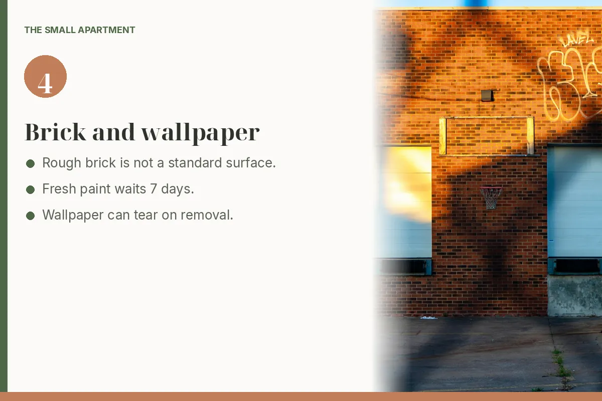 Step card: rough brick is not a standard Command surface. Photo shows a red brick exterior wall with two garage doors.