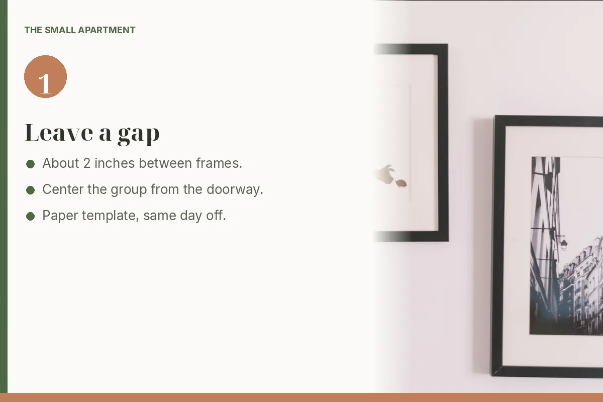 Step card: leave a gap between gallery frames. Photo shows two black frames on a pale wall, a smaller print of a dog above a larger street photo, with empty wall between them.