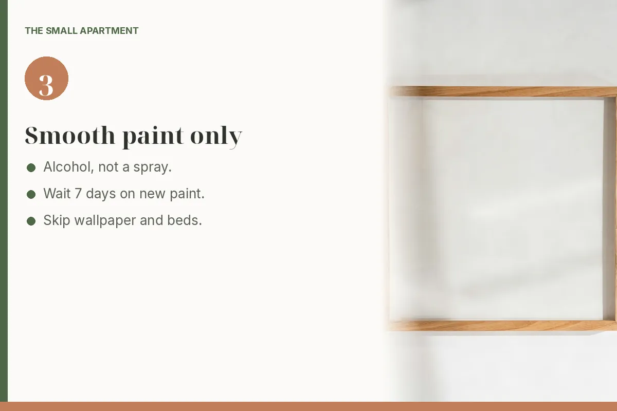 Step card: picture strips want a smooth wall. Photo shows one empty wood frame centered on a plain white wall.