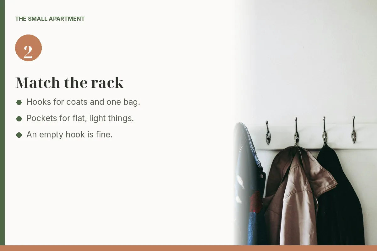 Step card: match the rack to coats and bags. Photo shows three jackets on a white hook rail, with empty hooks beside them.