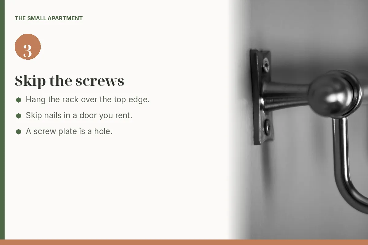 Step card: skip screws in a rental door. Photo shows a metal hook fastened to a wall with a screw plate.