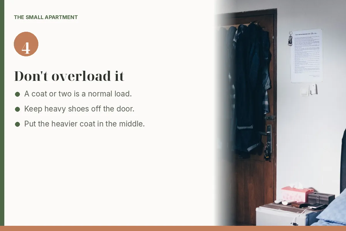 Step card: do not overload one door. Photo shows several jackets crowded onto hooks over a wooden bedroom door.