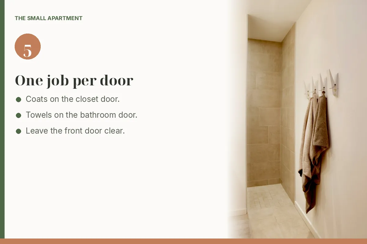 Step card: give the bathroom door a light job. Photo shows towels hanging on white hooks in a bathroom hallway.