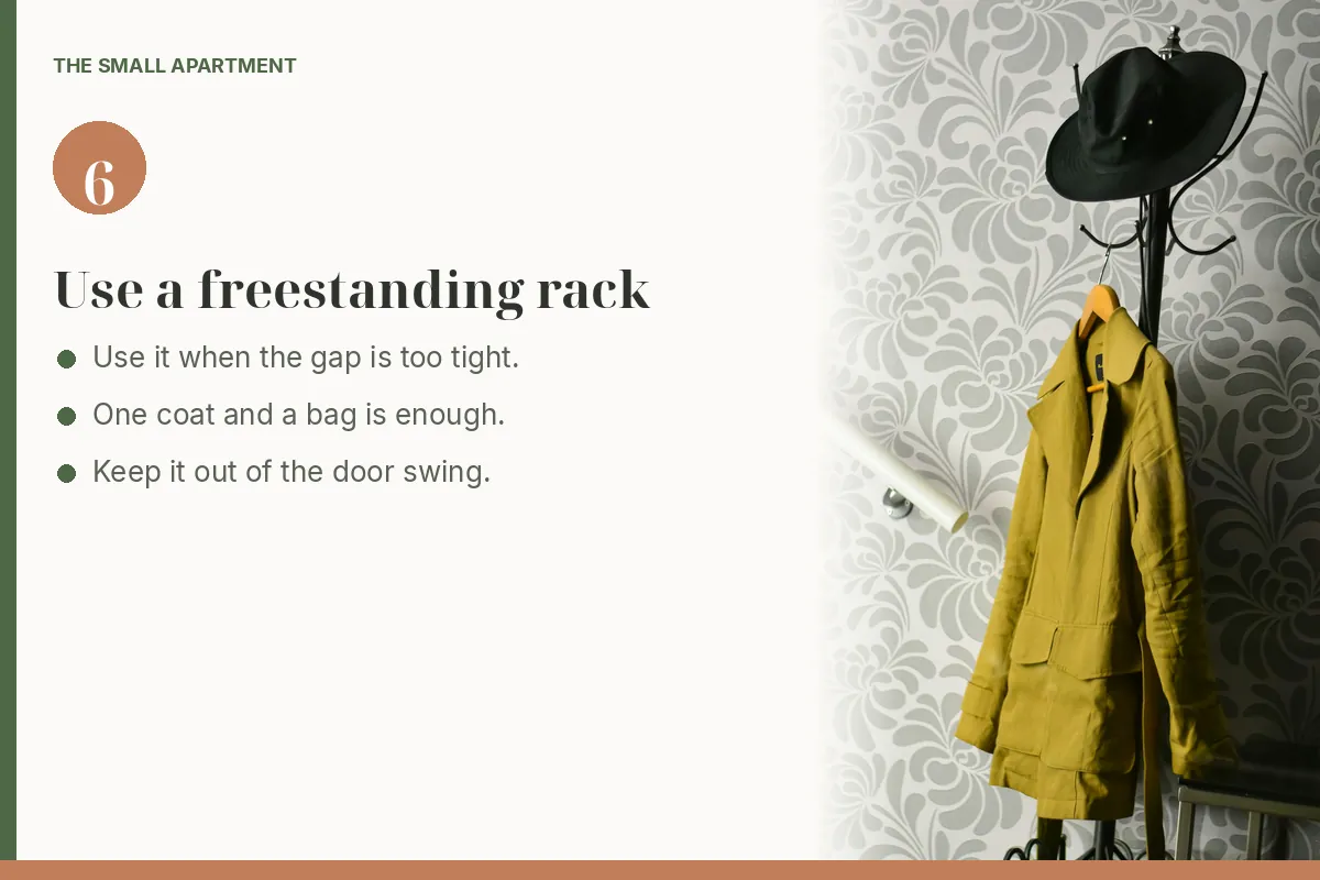 Step card: use a freestanding rack when the door will not take a hook. Photo shows a coat and a hat on a freestanding coat rack.