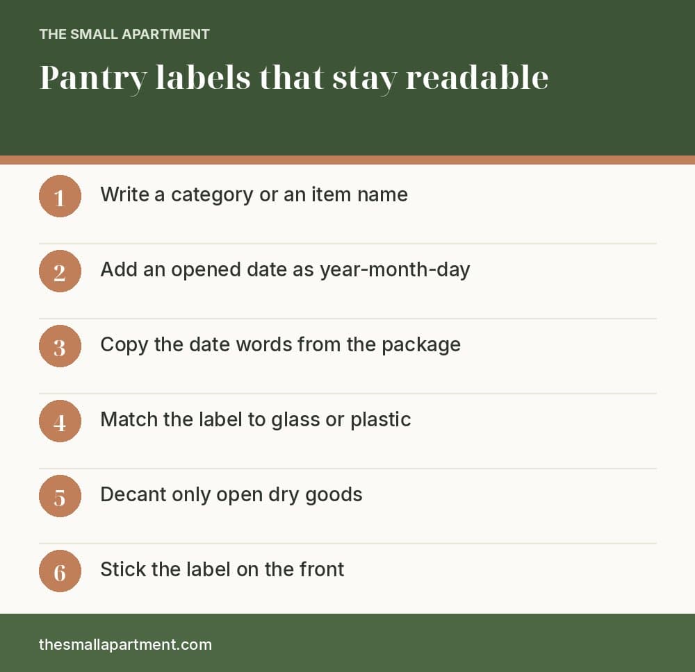 Vertical checklist infographic for pantry labels: write a category or an item name, add an opened date as year-month-day, copy the package date, match the label to glass or plastic, decant only open dry goods, and stick the label on the front.