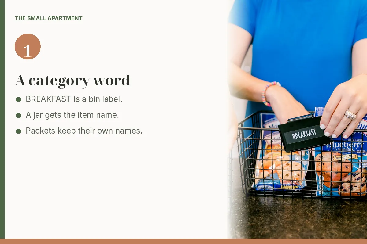 Step card: label a bin with a category word. Photo shows a wire basket of packaged muffins tagged BREAKFAST.