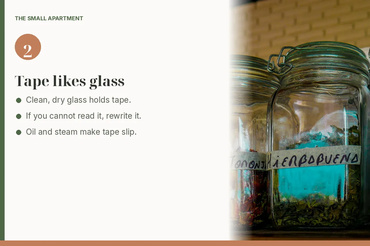 Step card: tape labels stick to clean glass. Photo shows a row of clamp-lid glass jars of dried herbs with handwritten white tape labels.