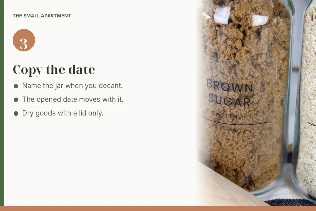 Step card: name the jar when you decant. Photo shows a glass bottle labeled brown sugar beside a bottle of oats.