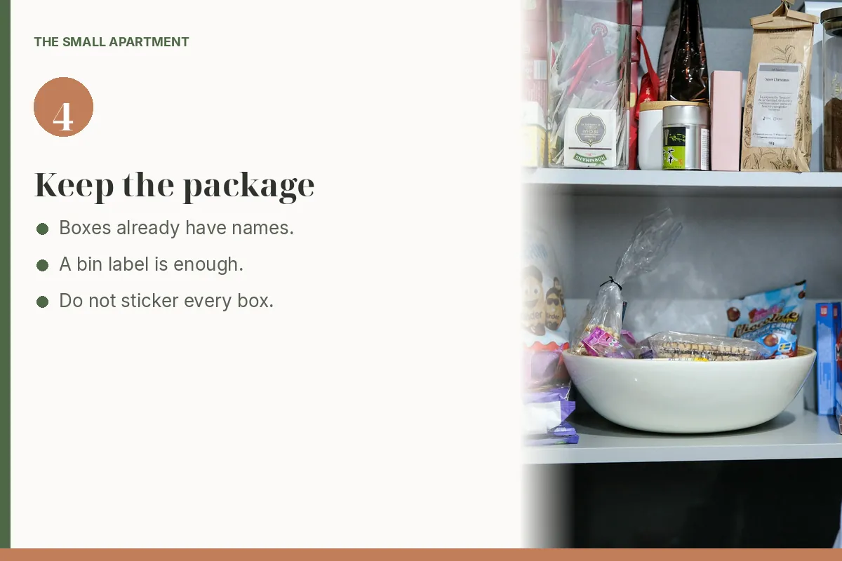 Step card: keep original packages when they are already labeled. Photo shows a cupboard shelf of boxes, bags, jars, and packaged snacks.