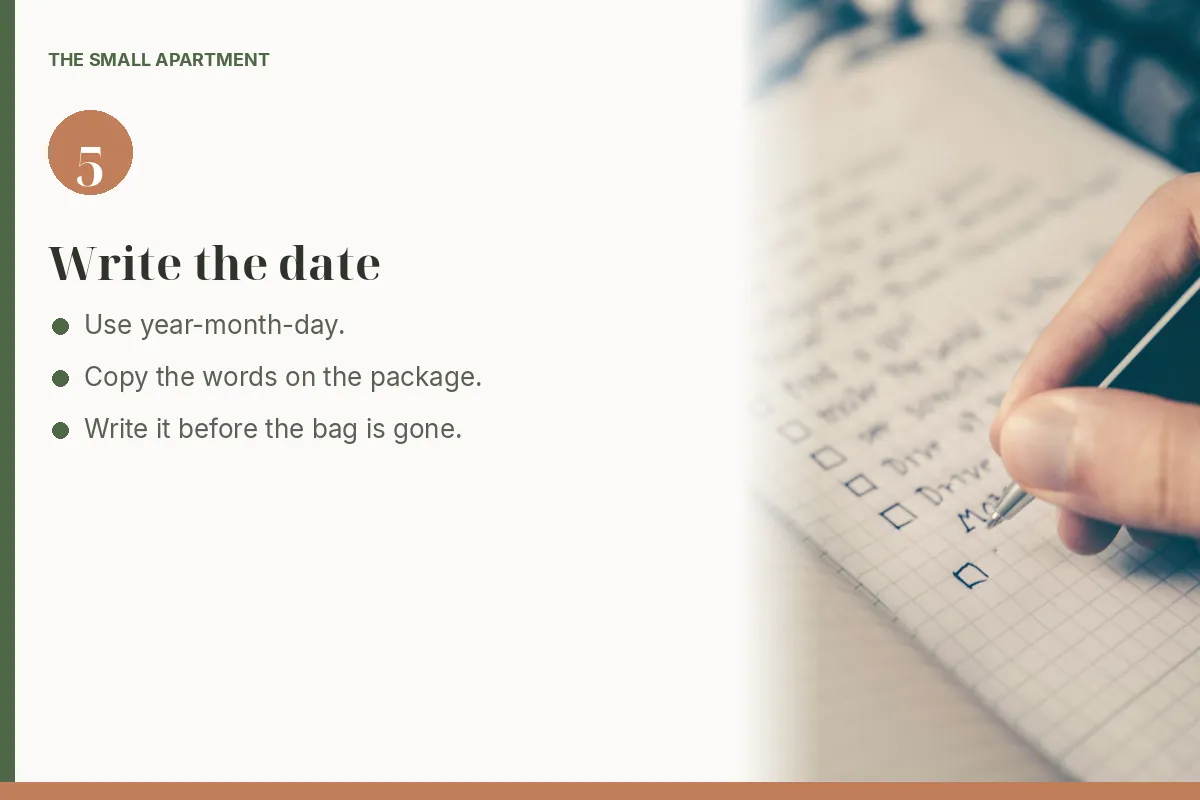 Step card: write the date in a form you can read later. Photo shows a hand writing checkboxes in a grid notebook.
