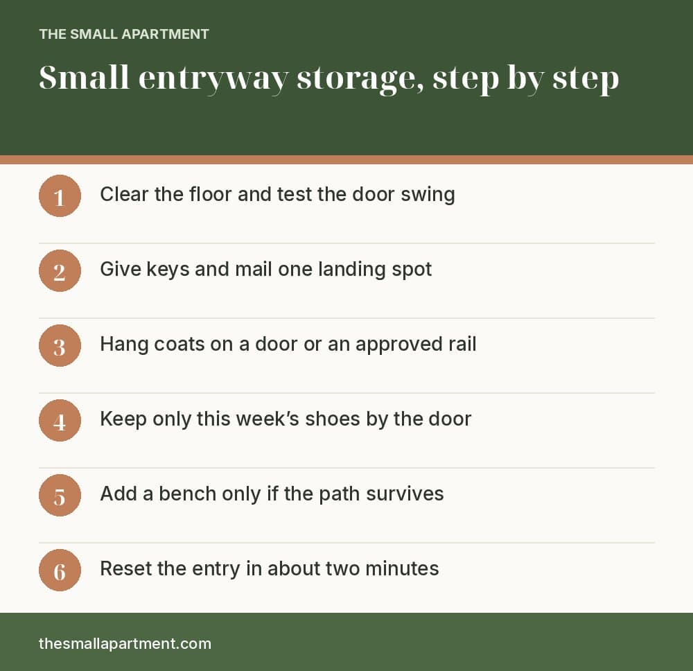 Vertical checklist infographic for a no-closet entry: clear the floor, add a landing spot, hang coats, limit shoes, add a bench only if the path stays open, and do a two-minute reset.