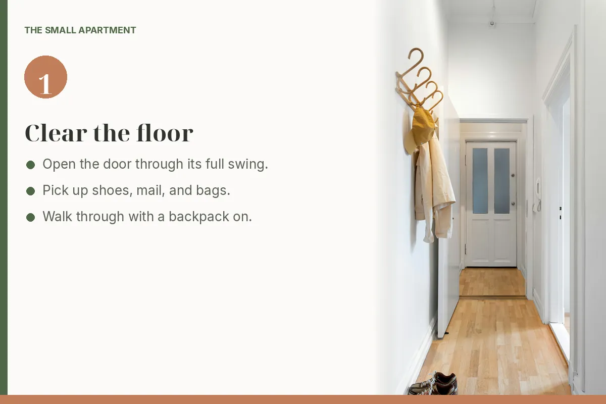 Step card: clear shoes off the entry floor. Photo shows a narrow hallway with sneakers on the wood floor and a coat on wall hooks.
