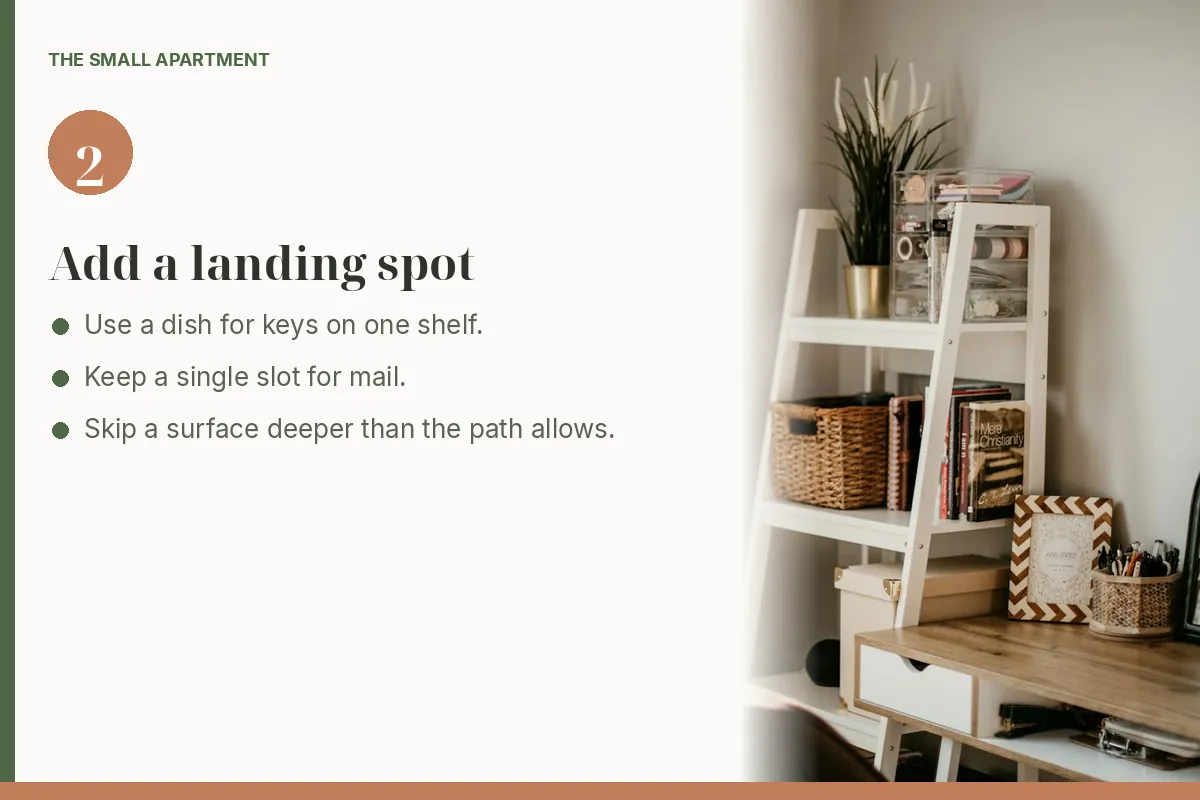 Step card: give keys and mail a small landing shelf. Photo shows a white ladder shelf with a basket, books, and a desk beside it.