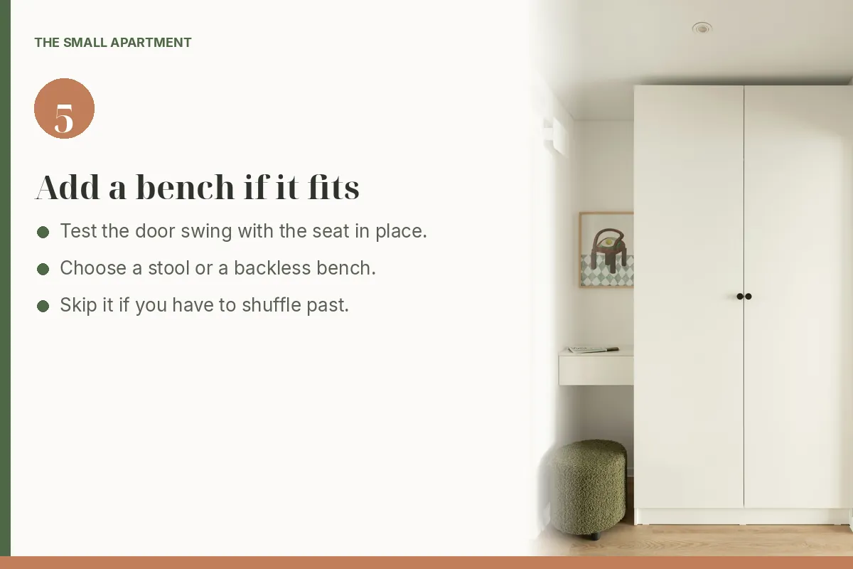 Step card: add a bench or stool only where the path stays open. Photo shows a green stool beside a short shelf and white closet doors.