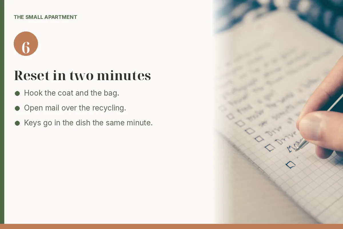 Step card: reset the entry with a short checklist. Photo shows a hand marking boxes in a notebook.
