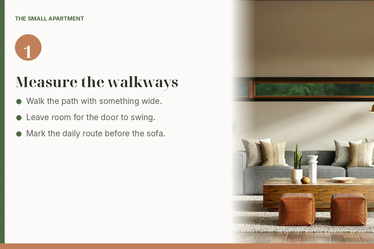 Step card: measure the walkways before moving furniture. Photo shows a living room with a gray sofa, a wood coffee table, a rug, and a door on the left wall.
