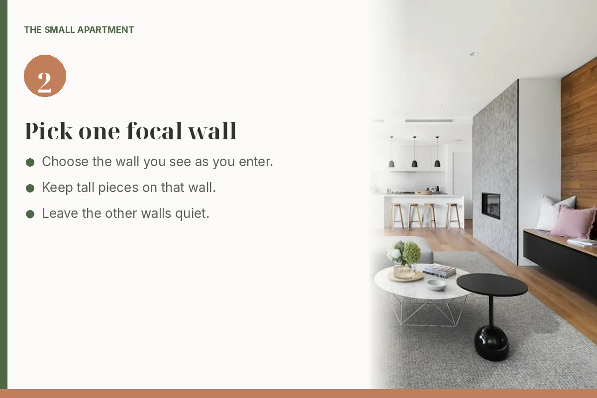 Step card: give the room one focal wall. Photo shows an open living room with a wood accent wall, a large painting, and a low bench.