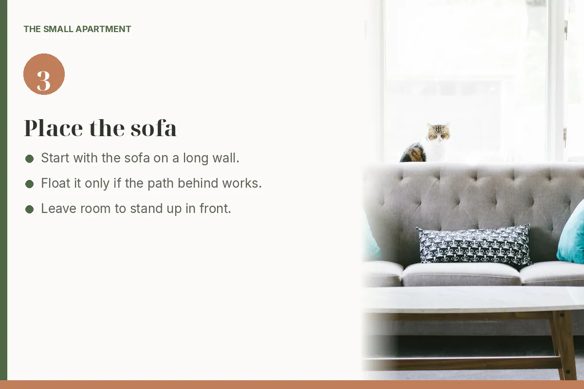 Step card: place the sofa out of the main path. Photo shows a gray tufted sofa with teal pillows and a marble-top coffee table.