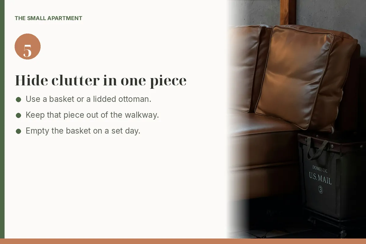 Step card: add storage the layout can hide. Photo shows a storage bin on wheels beside a brown sofa.