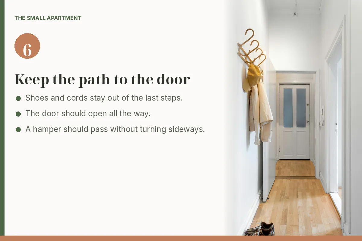 Step card: keep a clear path to the door. Photo shows a narrow hallway with coat hooks, a jacket, and sneakers on the wood floor.