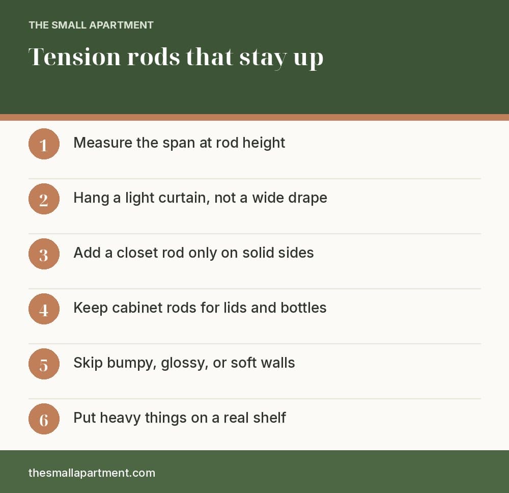 Vertical checklist infographic for renter tension rods: measure the span, hang a light curtain, add a closet rod only on solid sides, keep cabinet rods light, skip slippery or bumpy walls, and put heavy things on a shelf.