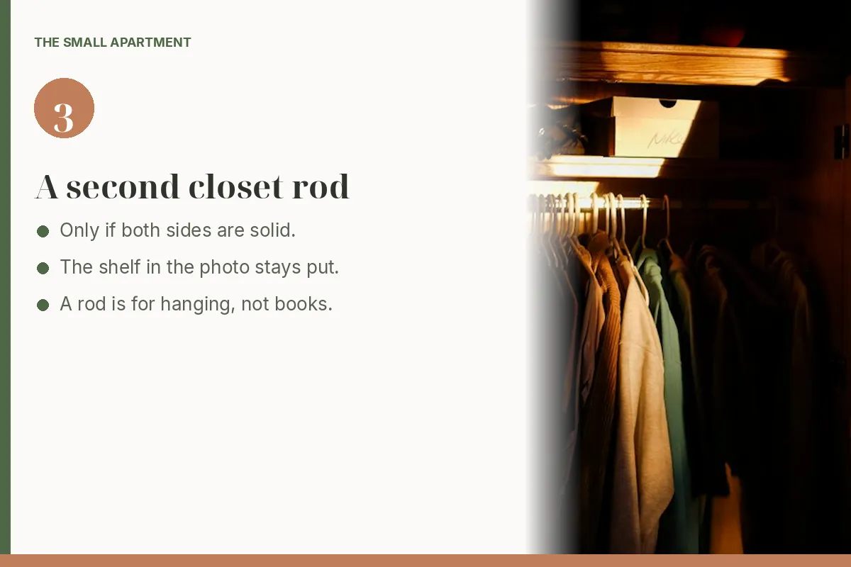 Step card: add a second closet rod only if the sides are solid. Photo shows shirts on hangers along one rod, with a shelf and a box above.