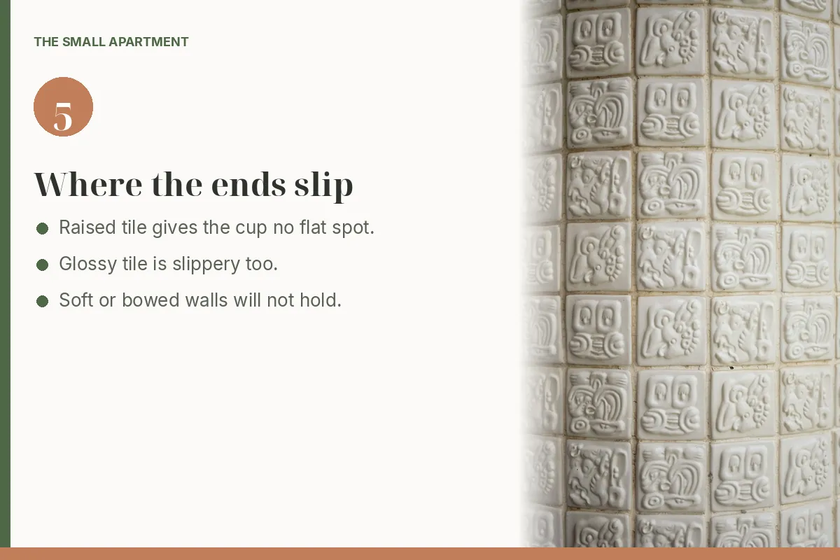 Step card: raised tile gives a tension rod nothing flat to grip. Photo shows white ceramic tiles with embossed patterns and grout lines.