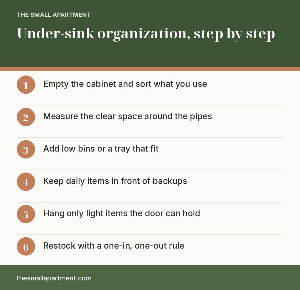 Vertical checklist infographic for under-sink organization: empty and sort, measure around the pipes, add bins, split daily from backup, hang only light items, and restock one-in one-out.