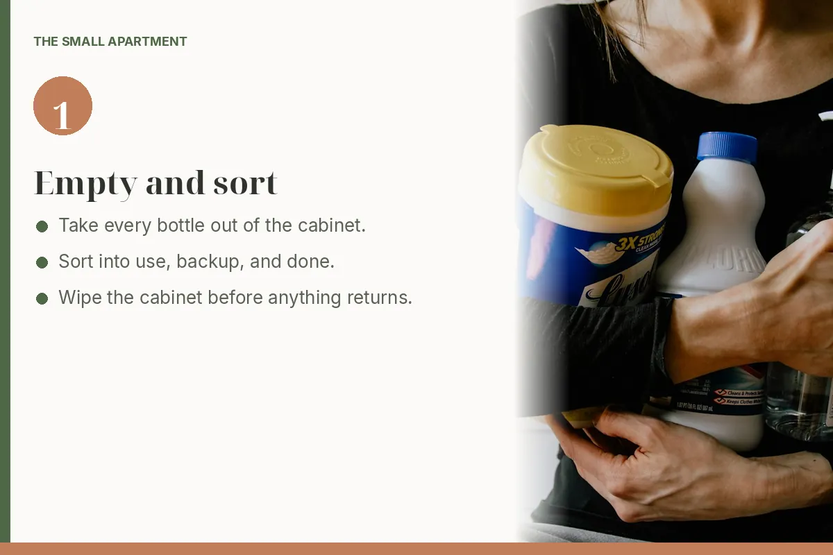 Step card: empty the under-sink cabinet and sort supplies. Photo shows a person holding several cleaning bottles.