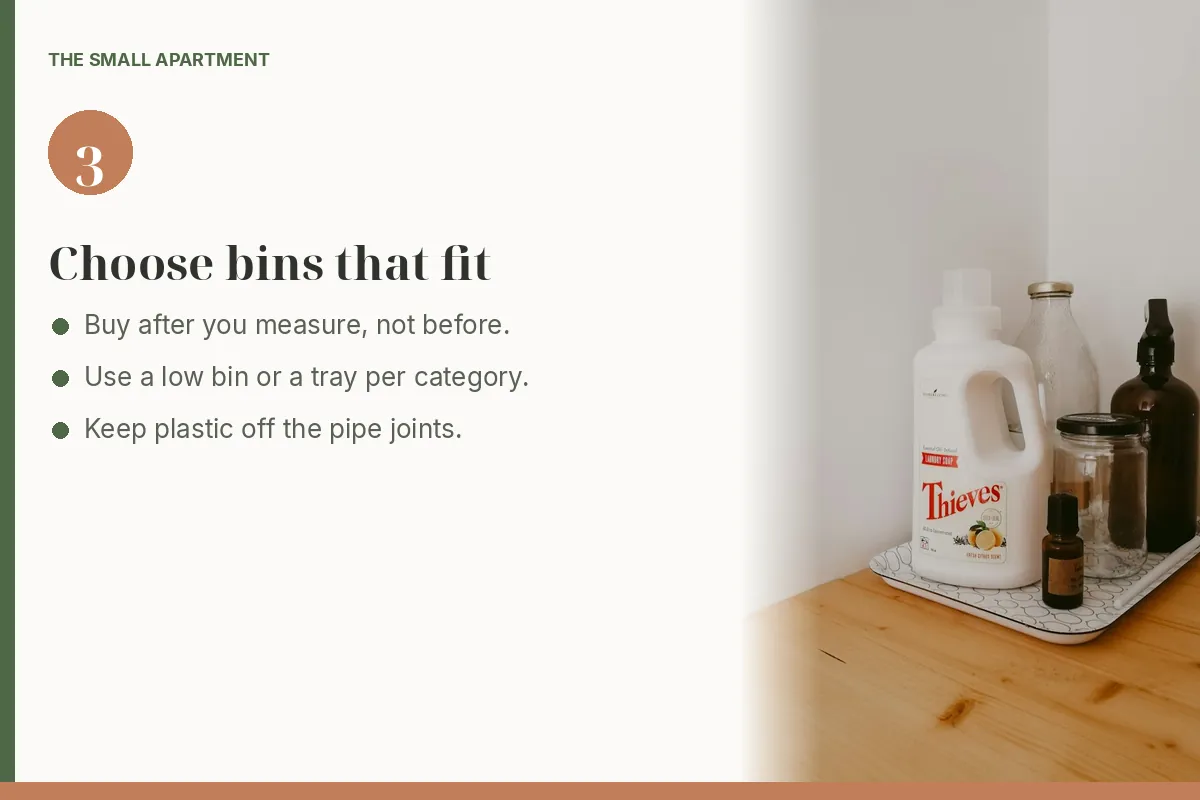 Step card: group bottles on a tray so they move together. Photo shows bottles and jars on a white tray on a wood shelf.