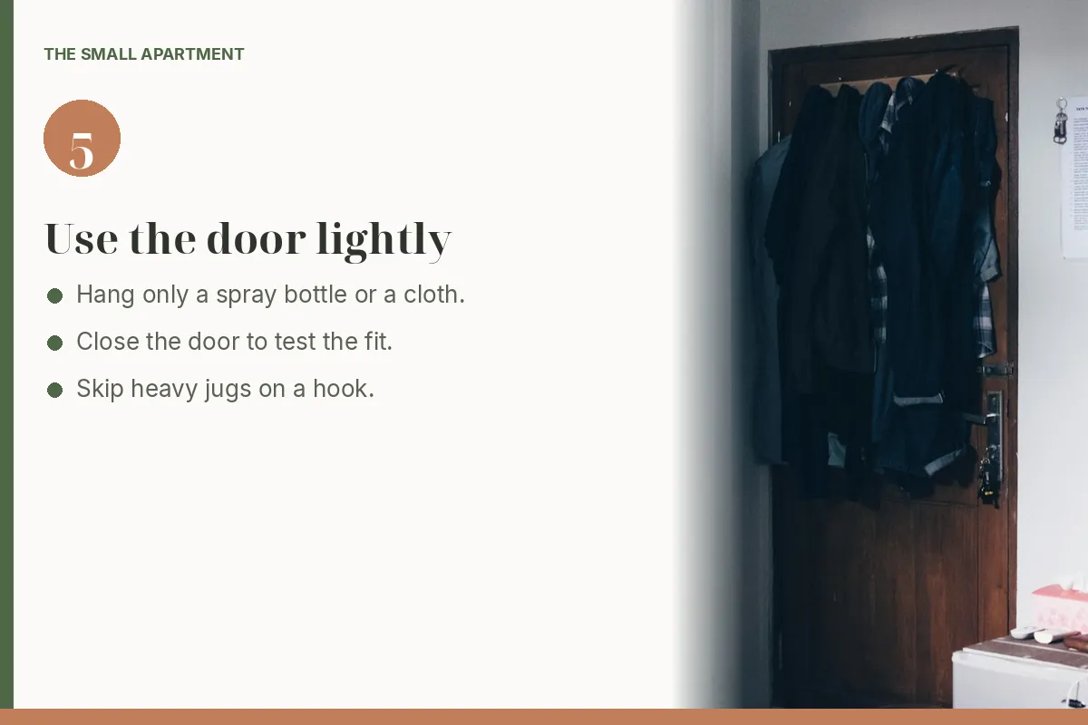 Step card: use a door for hanging storage. Photo shows jackets hanging on hooks over a bedroom door.