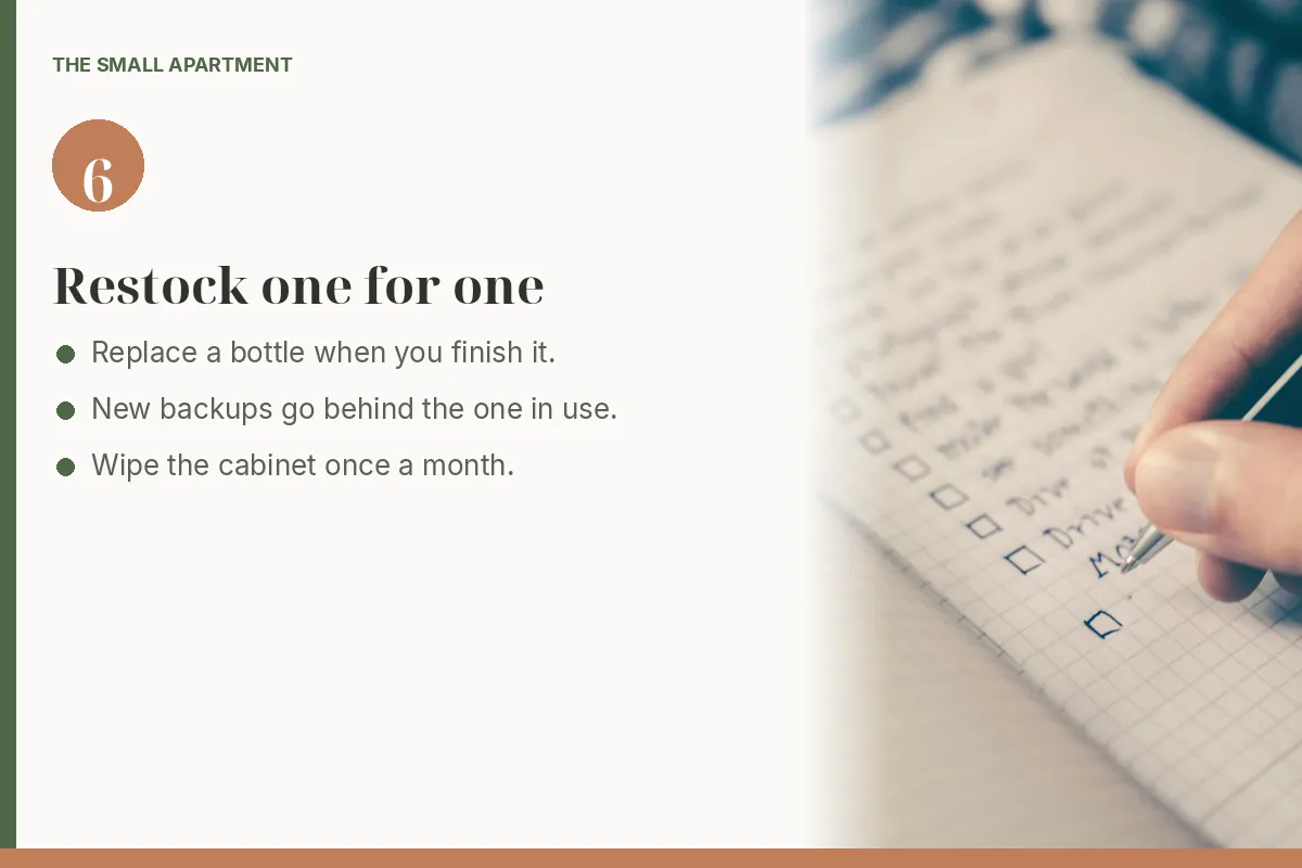 Step card: write a restock rule you can keep. Photo shows a hand checking boxes in a notebook.